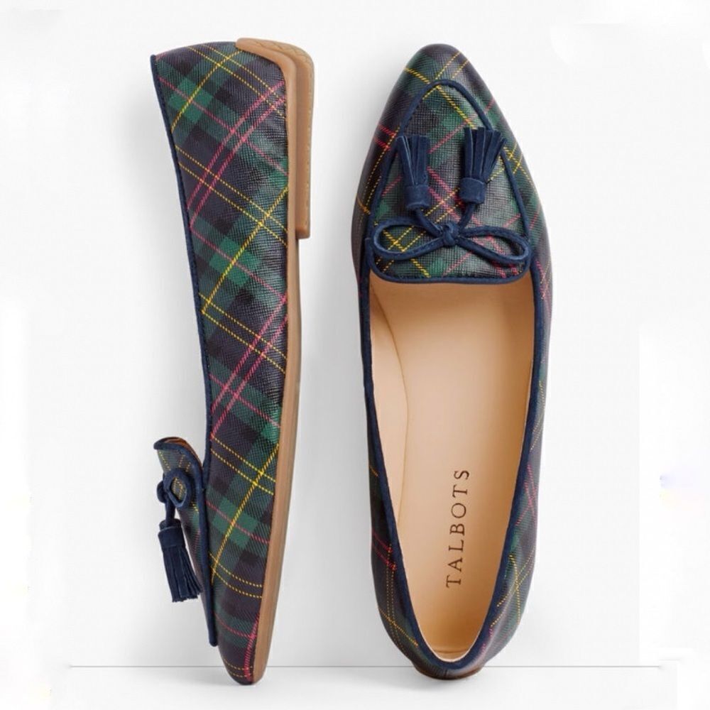 Talbots Francesca Tartan Plaid Leather Tassel Driving Loafers Flats Green Women’